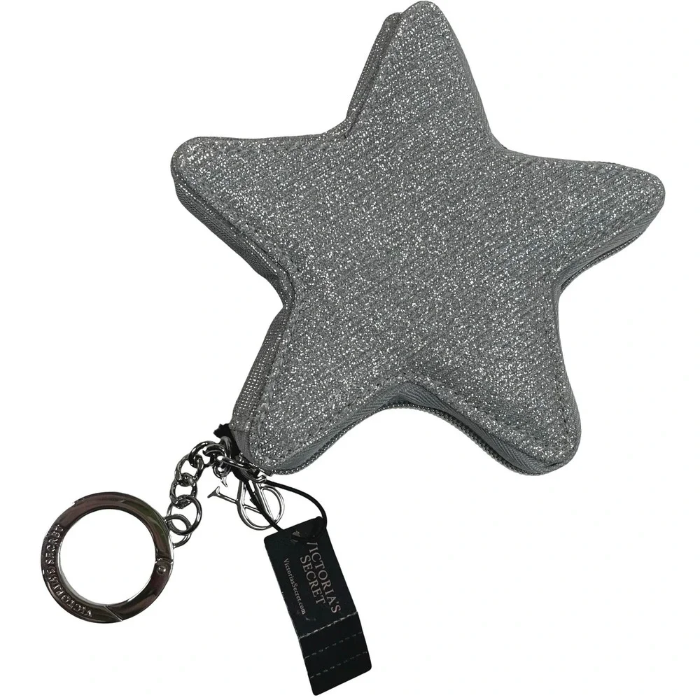 Victoria's Secret Star Glitter Keychain Coin Pouch Women Silver Sparkle Zip Case - Picture 1 of 5